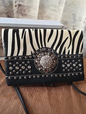 Rustic Couture Studded Zebra Print Crossbody Bag in Black and Cream